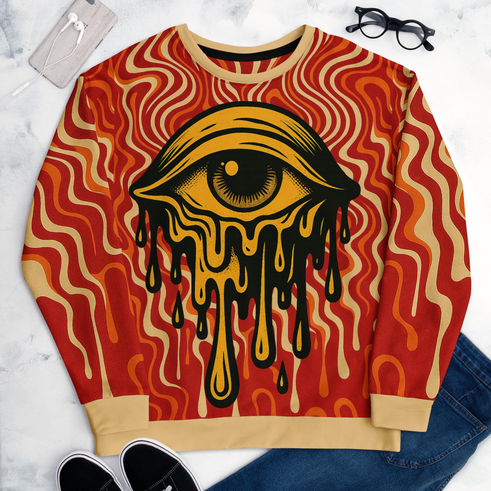 Weeping Eye sweater with orange, red and gold waves and a dripping black and gold eye